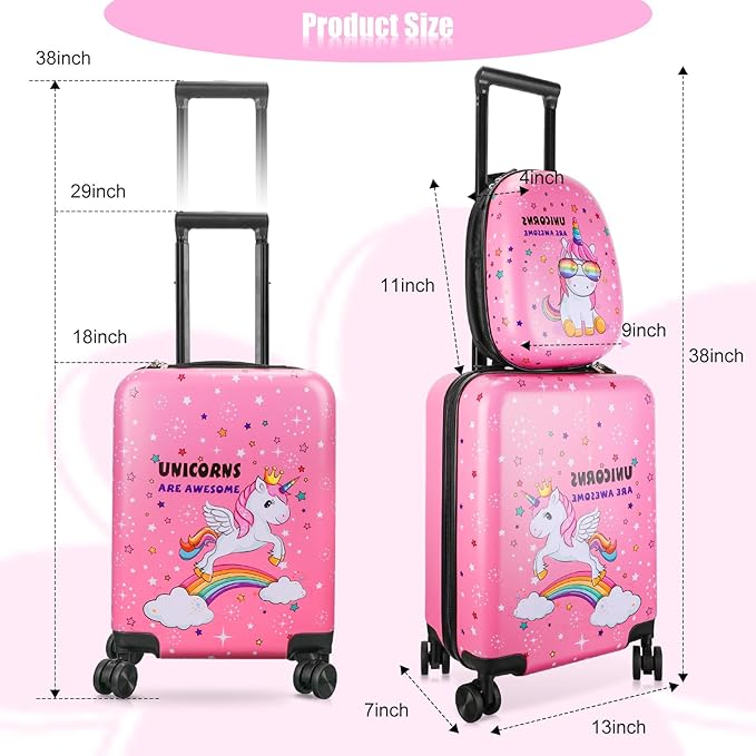 Weewooday Kids Luggage and Backpack 18 Suitcase with Spinner Wheel Hard Case Travel 13 Backpack Girl Suitcase Set for Kids Travel Supplies(Pink,Unicorn Style)