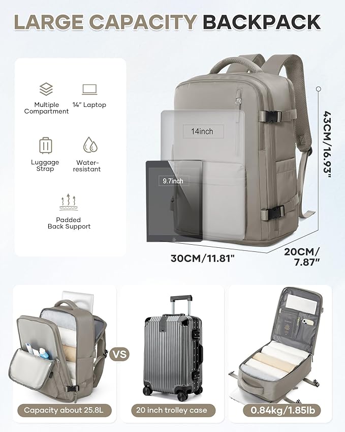 WONHOX Carry on Travel Laptop Backpack for Women Men Flight Approved,Backpack for Women Travel Bag Hiking Outdoor Sports Rucksack Casual Daypack, Grey Brown