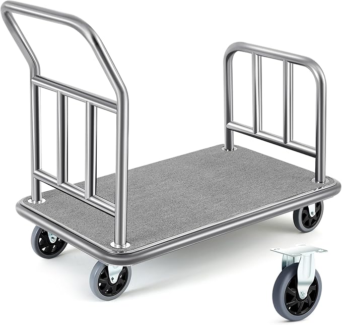 Gilprop Hotel Luggage Cart Bellman's Cart Rectangular Steel Deluxe Platform Truck Holds 850lbs of Luggage (Grey)