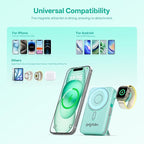 Magnetic Portable Charger Built-in Cables,10000mAh Fast Charging Wireless Charger Station External Battery Pack Slim Pocket Size Power Bank with Stand Compatible with iWatch, iPhone