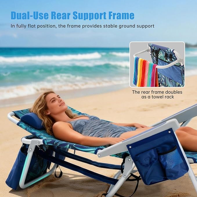 SUNNYFEEL Low Beach Chair, 5-Position Lay Flat Reclining, Backpack Portable Folding Chair with Cooler Bag & Cup Holder, Heavy Duty 350 LBS, Compact for Beach, Camping, Travel