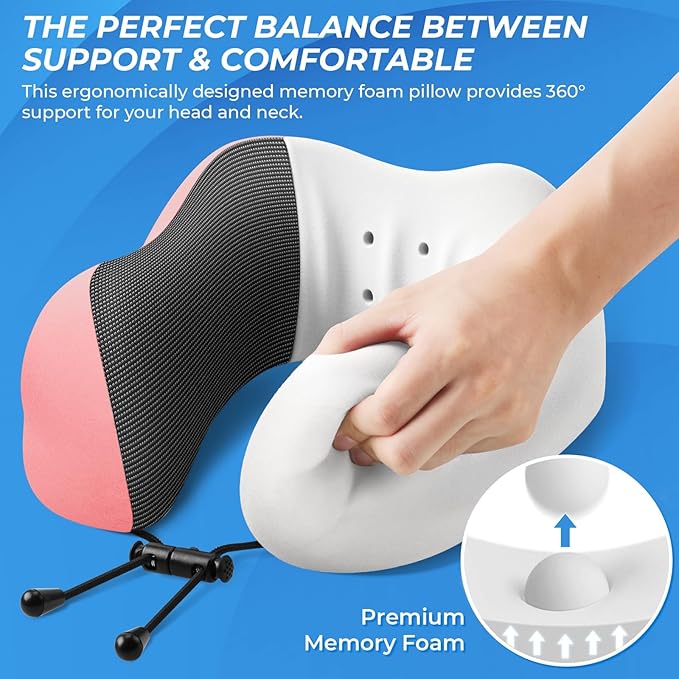 ExploreBliss Travel Pillow, Travel Pillows for Sleeping Airplane, Neck Pillow Airplane, Memory Foam Neck Pillow Set with Eye Mask, Earplugs and Storage Bag -Pink