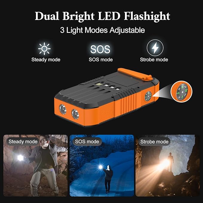 Hand CrankPower Bank 66800mAh and 4 Cables 22.5W Fast Charge Power Bank 5 Outputs & 3 Inputs Solar Portable Charger (Orange)