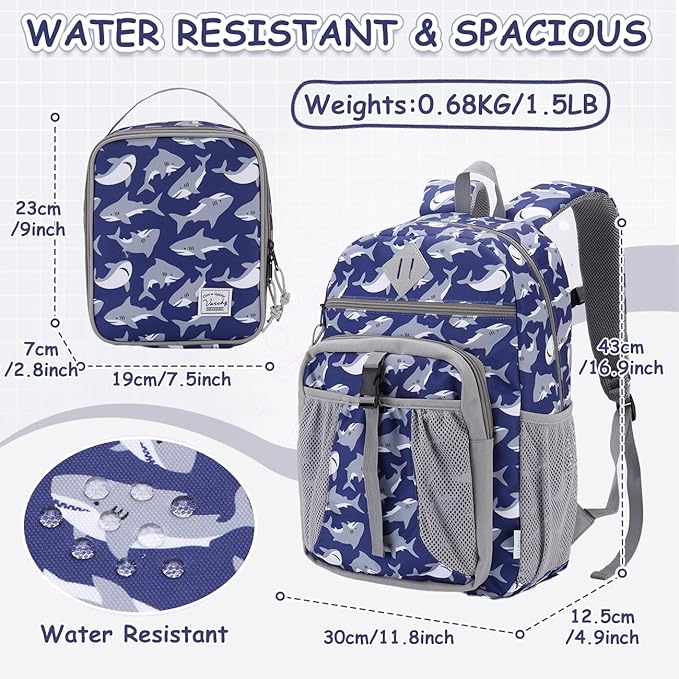 VASCHY Kids Backpack Lunch Bag Set, Boys Large School Bookbag Insulated Lunch Box for Toddlers Preschool,Daycare,Kindergarten,Elementary School Shark