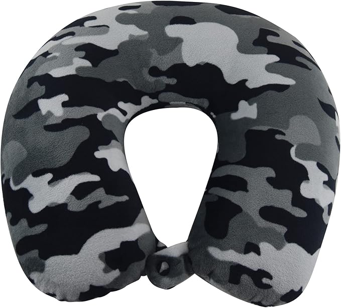 Wolf Essentials Adult Cozy Soft Microfiber Neck Pillow for Travel – Compact, Machine Washable - Perfect for Airplane, Car, or Home Use - Filled and Finished in The USA – Black Camo