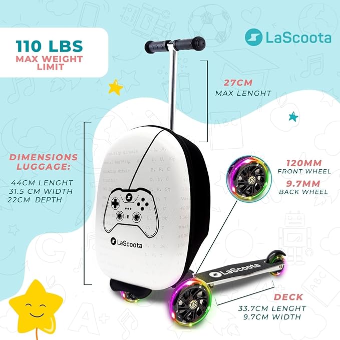 Lascoota Foldable Ride-On Suitcase - Lightweight Luggage with Easy-Glide Wheels - LED Lights for Kid Suitcase - Foldable Luggage Converts to Ride-On - Video Game, Unisex Child, 12.75 x 20.6 x 10.6 in