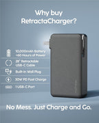 myCharge RetractaCharger 10000mAh Portable Charger Power Bank with 28-Inch Retractable USB-C Cable | Premium Fabric | Built-in Wall Plug | 30W PD Fast Charging | USB-C/A Ports | Digital Display