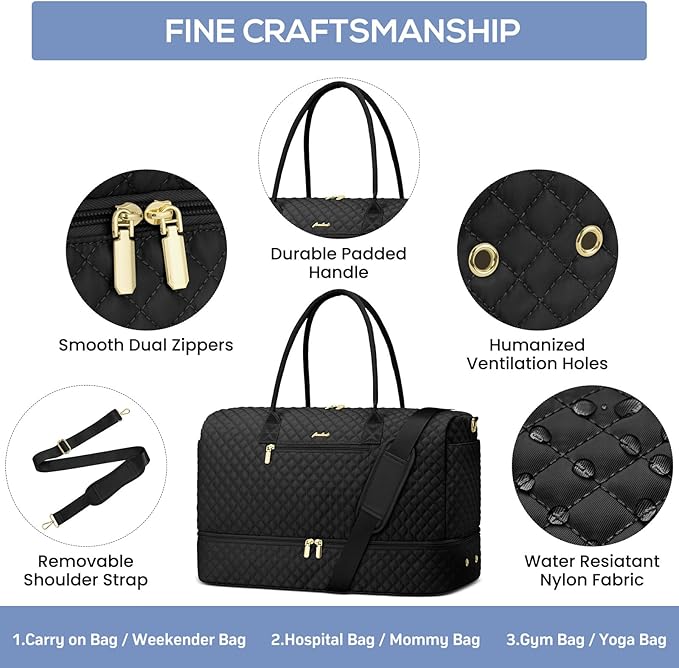 Travel Weekender Bags for Women - Duffle Bag Women with Shoe Compartment Carry On Overnight Bag with Toiletry Bag Duffel Bags with Wet Pocket for Gym Hospital Bags Black for College