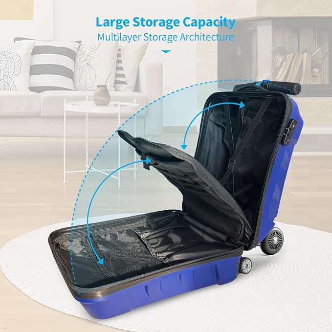 TABU 21" 3-D Hardshell Scooter Suitcase for Kid & Adult, Foldable Carry-on Scooter Luggage with Telescopic Handle, Multifunctional Ride On Lightweight Luggage for Age 4-15, Dark Blue