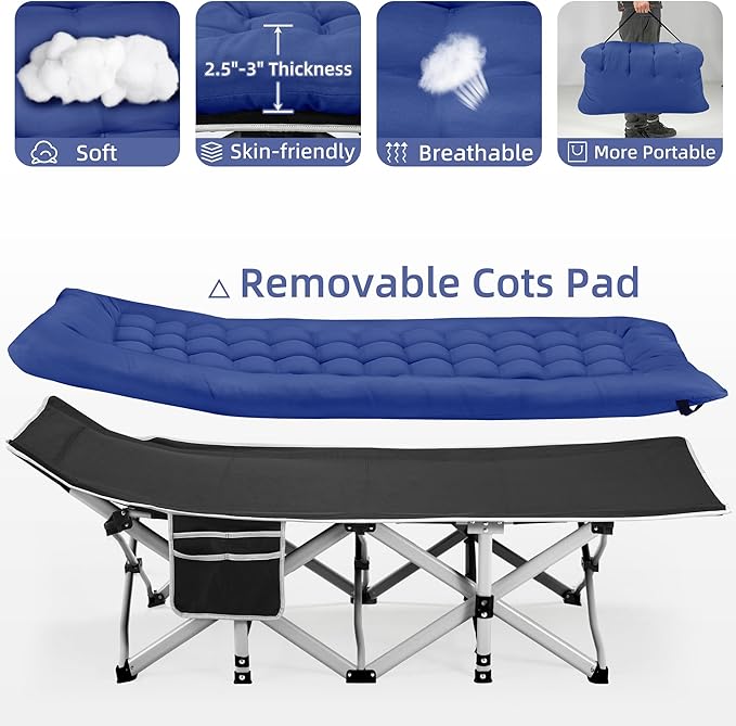 Fragess Foldable Camping Cots for Adults, 28" Extra Wide Cot with Removable Mattress, 600LBS Max Load, Sleeping Cots for Camping Outdoor/Office, Guest (Azure)