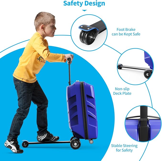 TABU 21" 3-D Hardshell Scooter Suitcase for Kid & Adult, Foldable Carry-on Scooter Luggage with Telescopic Handle, Multifunctional Ride On Lightweight Luggage for Age 4-15, Dark Blue