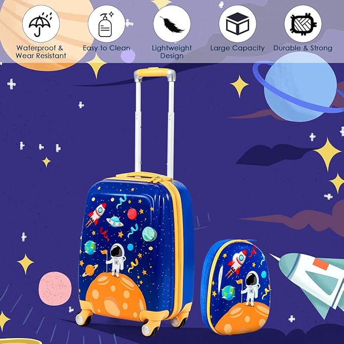 Goplus Kids Luggage Set, 12" & 18" Kids Carry On Luggage Set, Multi-directional Wheels Suitcase, Large Capacity Rolling Trolley Suitcase, Gift for Boys and Girls Toddlers Children Travel