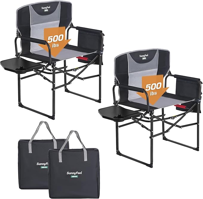 SUNNYFEEL Oversized Camping Directors Chair 500 LBS Heavy Duty, Portable Folding Chair with Side Table, Pocket for Beach, Fishing,Trip,Picnic,Lawn,Concert Outdoor Foldable Camp Chairs