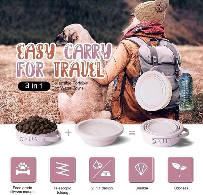 2-in-1 Travel Dog & Cat Bowl – Collapsible BPA-Free Silicone & 18/8 Stainless Steel, Portable & Non-Slip with Handle, Easy to Clean, Food & Water Bowl for On-the-Go Pets, Bottle/PoopBag Holder