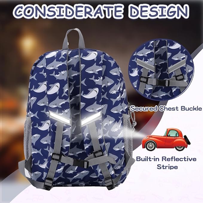 VASCHY Kids Backpack Lunch Bag Set, Boys Large School Bookbag Insulated Lunch Box for Toddlers Preschool,Daycare,Kindergarten,Elementary School Shark