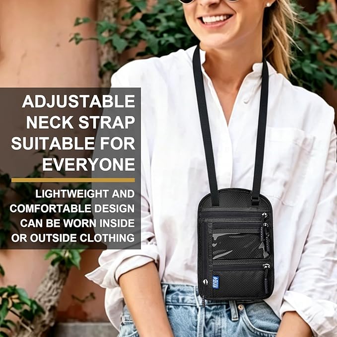 Neck Wallet with RFID Blocking - Hidden Travel Passport Holder Pouch | Concealed Under Clothing, Anti-Theft Security | Adjustable & Lightweight for Vacation, Airports