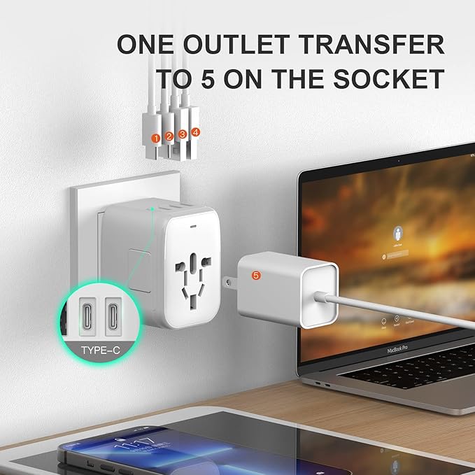 VYLEE Universal International Power Travel Plug Adapter, 5 in 1 European Travel Plug Adapter W/ 3.5A 2xUSB-A and 2xUSB C Wall Charger and Worldwide AC Outlet for Europe USA UK AUS Asia(White)