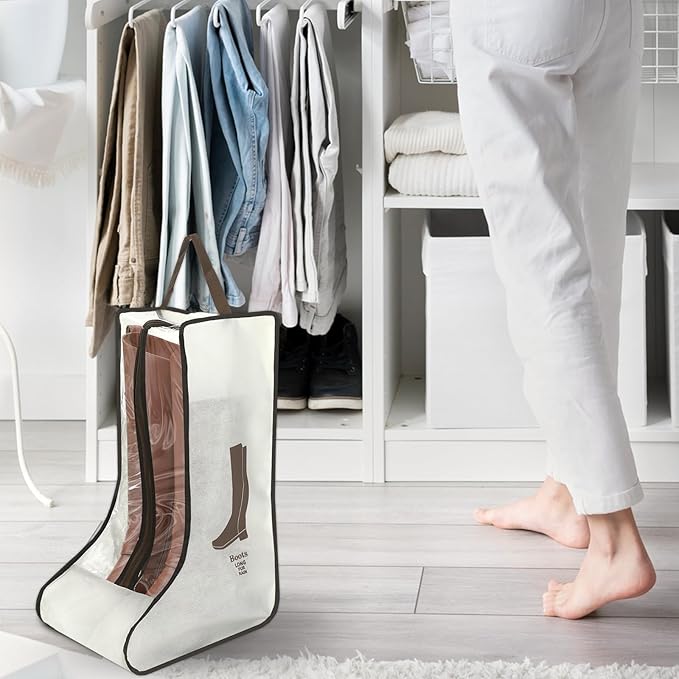 2 Pack Beige Boot Storage Bag, Portable Dust Proof Boot Bags for Cowboy Boots, Shoe Cover Protector Bag for Boots Storage and Organizer Packing, Tall Boot Storage Carry Bag for Travel Daily Use
