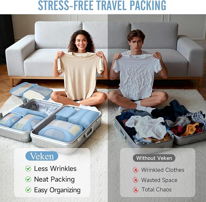 Veken 10 Set Packing Cubes for Travel Essential, Suitcase Organizer Bags in 4 Sizes, Carry-On Luggage Accessories with Large Laundry & Hanging Toiletry Bag, Must-Have for Airplane, Road Trip & Camping
