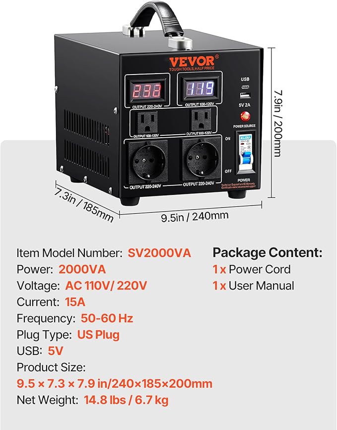 VEVOR Voltage Converter Transformer, 2000W, Heavy Duty Step Up/Down Transformer, Convert from 110 Volt to 220 Volt and from 220 Volt to 110 Volt, with US Outlet EU Outlet 5V USB Port, CE Certified