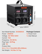 VEVOR Voltage Converter Transformer, 2000W, Heavy Duty Step Up/Down Transformer, Convert from 110 Volt to 220 Volt and from 220 Volt to 110 Volt, with US Outlet EU Outlet 5V USB Port, CE Certified