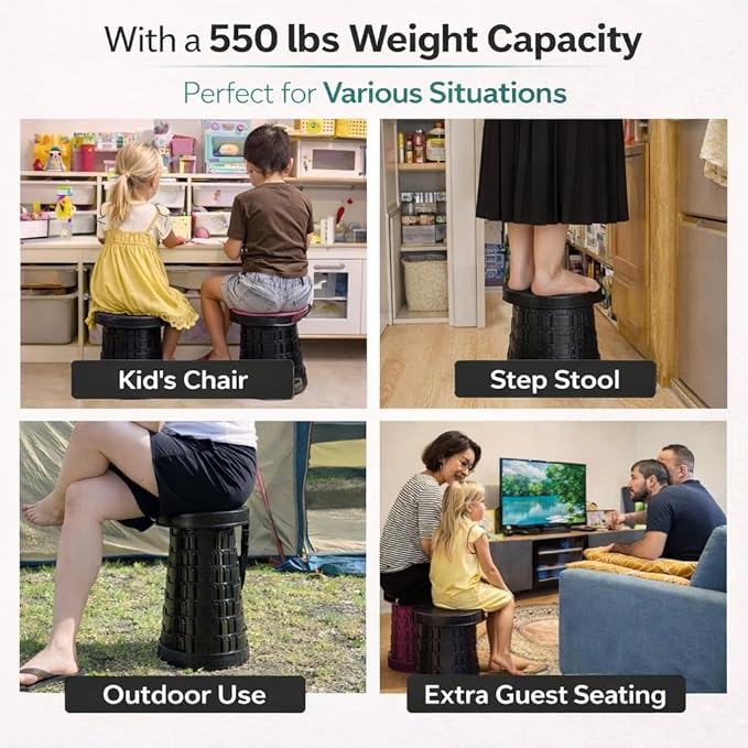 Telescoping Folding Camping Stool, Portable Adjustable Height Outdoor Chair, 1-Second Setup, Compact Lightweight for Camping, Fishing, Hiking(Deep Black)