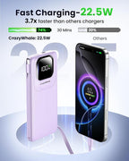 Portable Charger with Built-in Cables,22.5W Super Fast Charging Power Bank Slim Phone Charger,10000mAh Travel Battery Pack Battery Bank with Smart LED Display for iPhone, Android & USB-C (Purple)