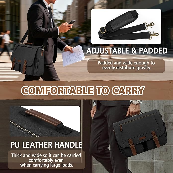 RAINSMORE Messenger Bag for Men 15.6-17.3 Inch Laptop Bag Water-resistant Canvas Briefcase Computer Satchel for Work College