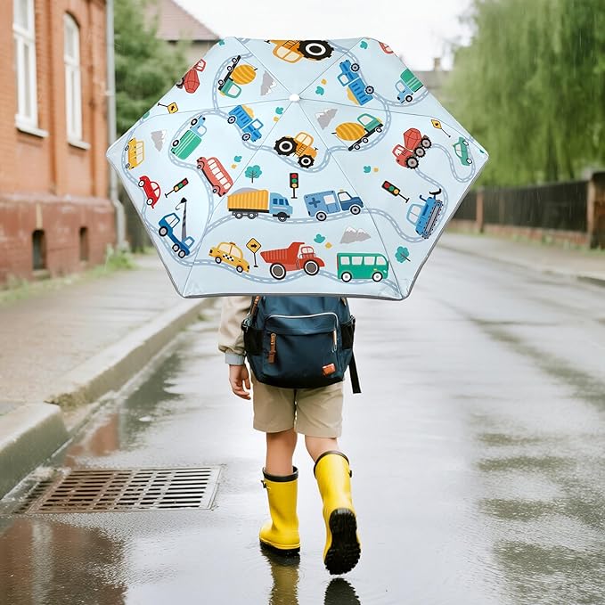 Kids Folding Umbrella Auto Open/Close Umbrellas for Rain Round Corner Safe Design UV Resistant Automatic Children Travel Umbrellas Reinforced Canopy 360° Reflective Strip Lightweight for Girls & Boys
