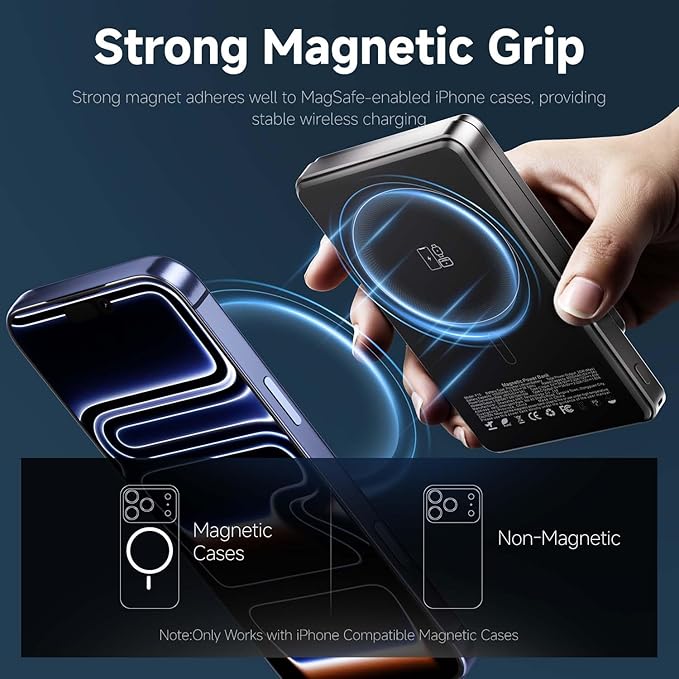Qi2 Magnetic Portable Charger 10000mAh, 15W Wireless & 22.5W USB-C Fast Charger with Stand & LED Display, for iPhone 17/16/15/14,Grey