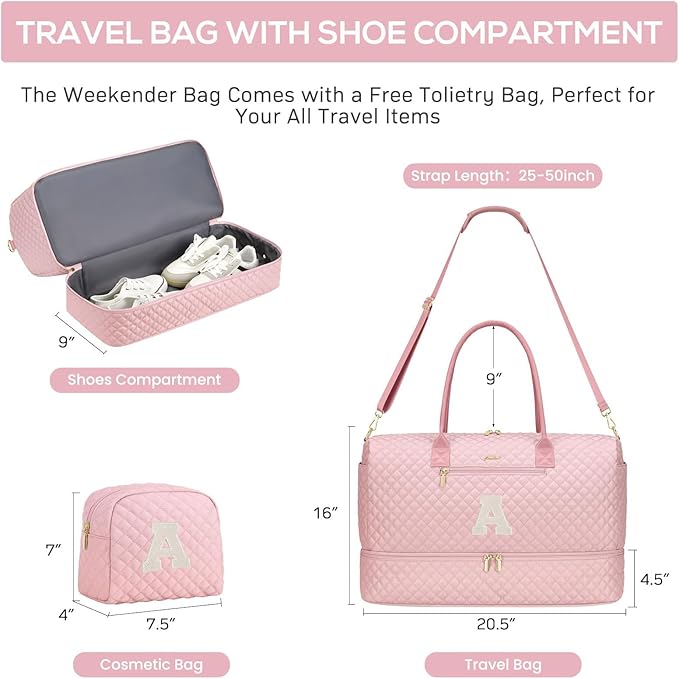 Letter Weekender Bags for Womens- Duffle Bag with Shoe Compartment Personalized Overnight Bag with Toiletry Bag Duffel Bags for Gym Hospital Bags Gift for Women Pink (Letter A)