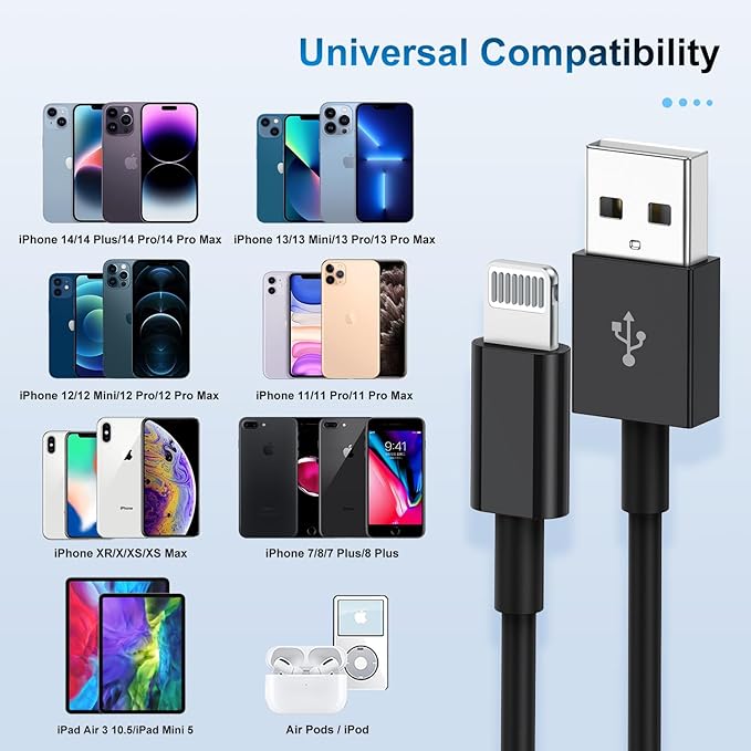 3 Pack Apple MFi Certified iPhone Charger Cable 6ft, Apple Lightning to USB Cable Cord 6 Foot, 2.4A Fast Charging Apple Phone Long Chargers for iPhone 11/11Pro/11Max/ X/XS/XR/XS Max/8/7/6 Black