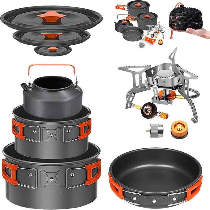 Smokey Camp Camping Cookware Mess Kit Set with Stove - Backpacking Camping Pots and Pans Set, All in One Non-Stick Camping Cooking Set, Portable Stove, Hiking, Picnic, Outdoor & Camping Cookware Set