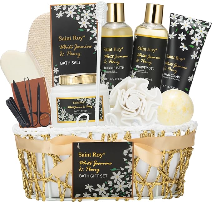 Mothers Day Gifts for Women Spa Day Gifts for Women, White Jasmine Peony Spa Gift Basket Set, Self-Care Relaxation Bath Kit, Nail Clippers, Bath & Body Care Set, Birthday, Christmas, Anniversary