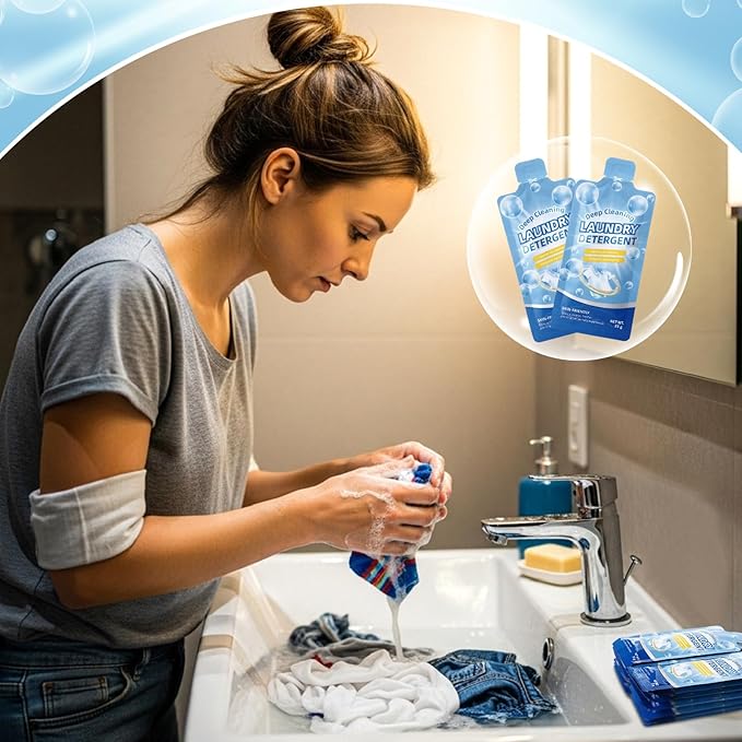 Loopeer 50 Pcs Individual Travel Laundry Detergent 0.88 oz Portable Detergent Packets Travel Size Single Use Liquid Soap for Traveler Hostel Essentials Cleaning