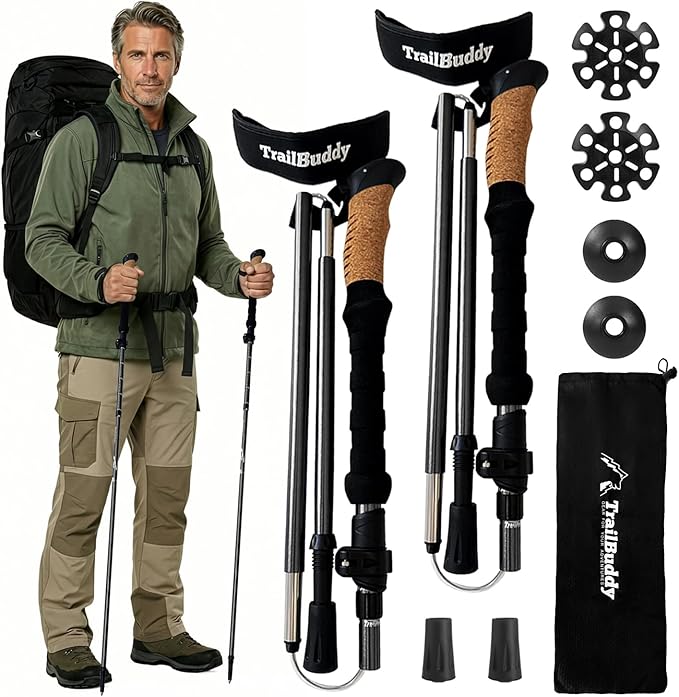 TrailBuddy Trekking Poles – Lightweight 7075 Aluminum Hiking Poles for Women, Men & Seniors – Collapsible Walking Sticks for Travel, Trails & Balance