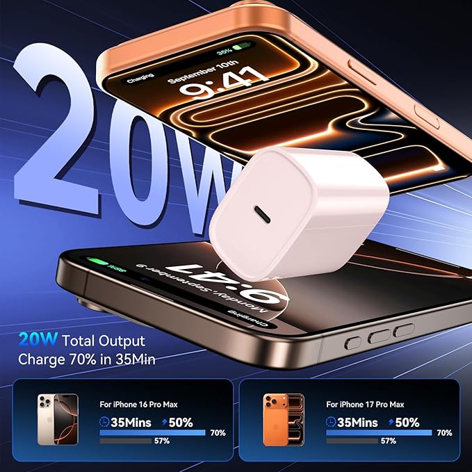 Phone 17 16 15 Pro Charger Fast Charging, 20W USB C Fast Charger Block with 10FT Long Type C Chargers Fast Charging Cable Cord for Phone 17/17 Pro/17 Pro Max/Air/16 Pro Max/16 Pro/15Pro Max/Pro, S24