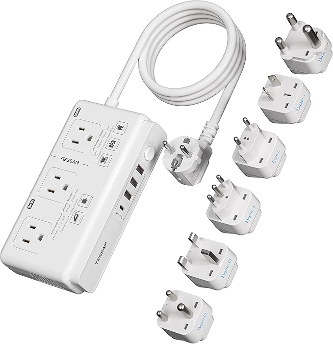 TESSAN Voltage Converter US to Europe 220 to 110, Universal Travel Adapter Voltage Converter with 4 USB Ports (1 USB C), 3 AC and EU UK AU IT in ZA Plug Power Adapter, Step Down Transformer, 4 FT