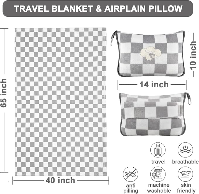 Travel Blanket and Pillow Compact, Premium Soft 2 in 1 Airplane Blanket with Soft Bag Pillowcase，Hand Luggage Sleeve and Backpack Clip (Grey Checkered)