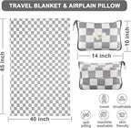 Travel Blanket and Pillow Compact, Premium Soft 2 in 1 Airplane Blanket with Soft Bag Pillowcase，Hand Luggage Sleeve and Backpack Clip (Grey Checkered)