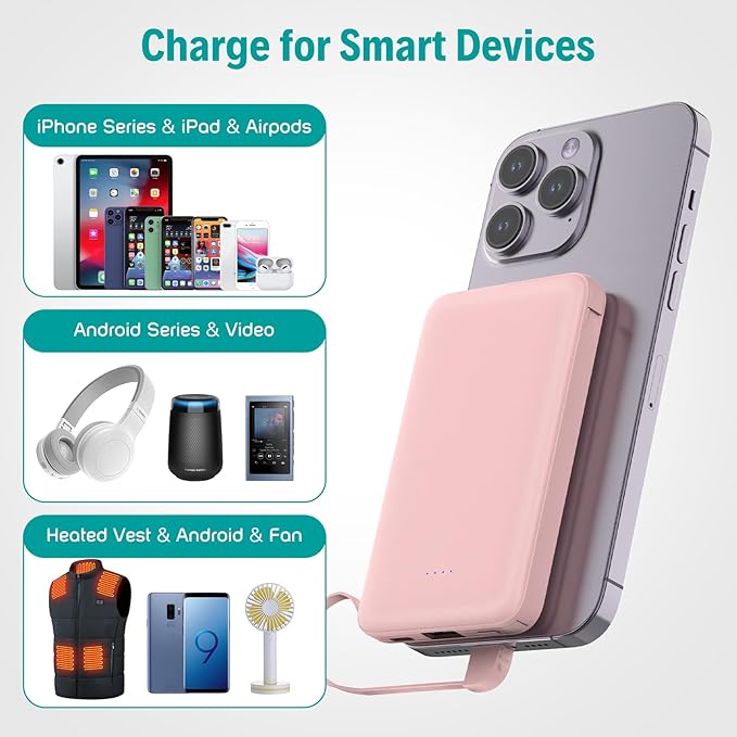 Sethruki Smallest Portable Charger with Built-in Cables 5000mAh,Ultra Slim Power Bank,Mini High Speed External Battery Packs,Lightweight USB C Phone Charger for iPhone Samsung Google Android (Pink)