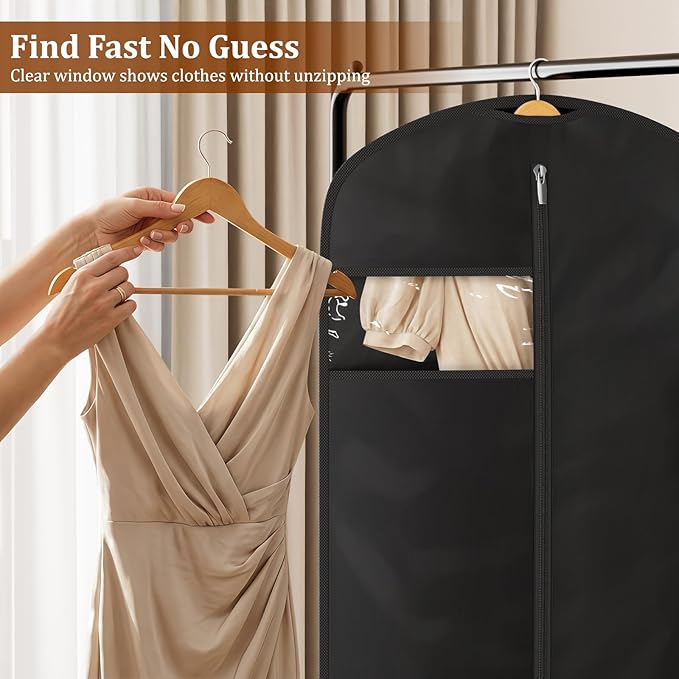 KIMBORA 65" Dress Bags for Gowns Long Garment Bags for Hanging Clothes with Clear Window, Foldable Wedding Dress Cover for Closet Storage and Travel (2 Packs, Black)