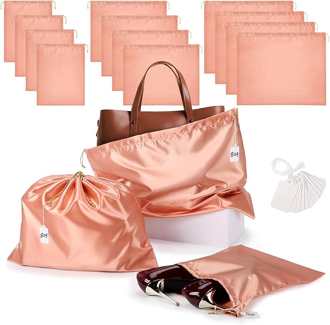 Ewen Pack of 12 Satin Drawstring Dustbags with Blank Tags, Dustproof Packing Pouch Set in Small Medium Large for Travel Essentials, Pink Orange Silk Bag for Handbags Clothes Purse Organization Storage