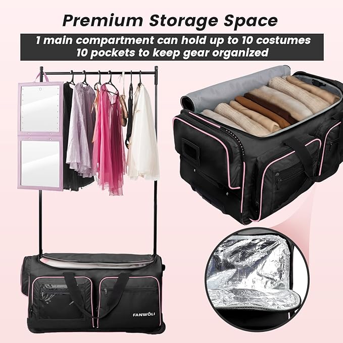 Fanwoli 28" Dance Bag with Garment Rack | Ultra-Light Collection| More Lightweight & Wear-Resistant| Ideal Competition Duffle Bag for Dancers Livestreamer Athletes