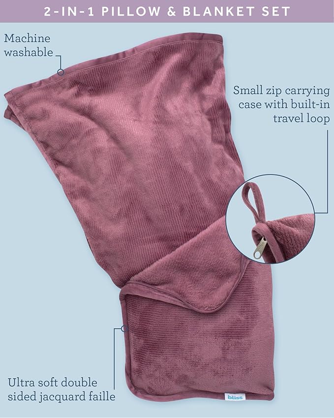 Bliss Faille Travel Pillow Blanket - 2-in-1 Lightweight Compact Airplane Camp Pillow and Blanket Set for Travelling, Size One Size, Mauve