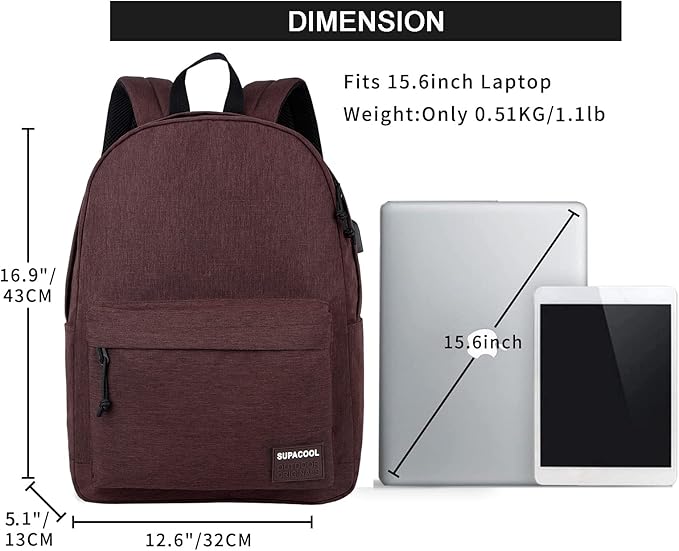 SUPACOOL Casual Laptop Backpack for Men and Women, Backpack for College, USB Charging Port, Lightweight Pack Back(Coffee)