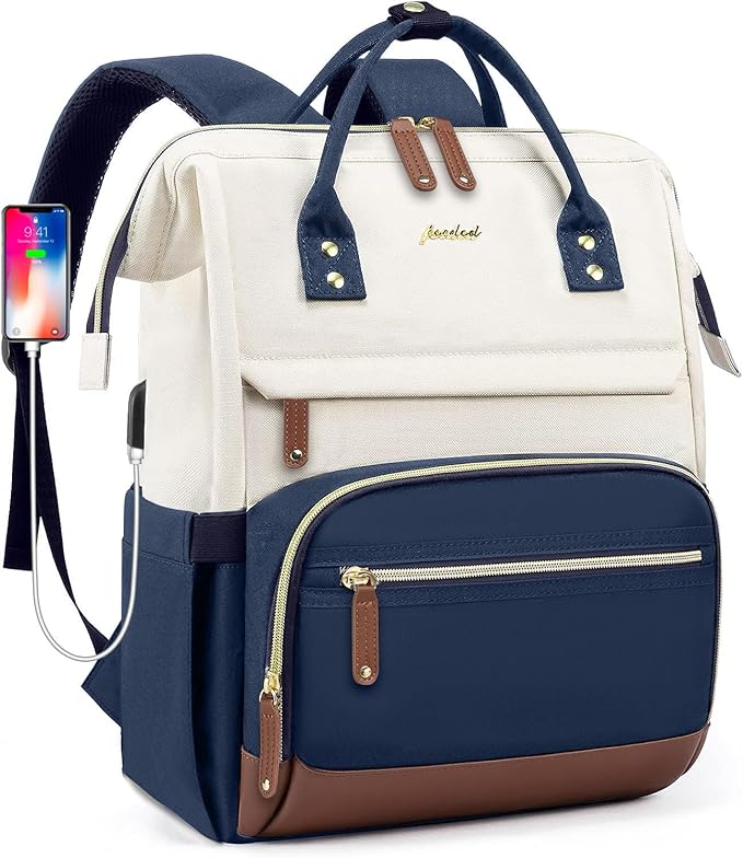 Focdod Laptop Backpack for Womem Work Bags: 15.6 Inch Travel BackPacks Durable Back Pack With USB Charging Port Anti Theft Fashion College BookBag Purse Bussiness Daypack for Nurse Teacher Navy Beige