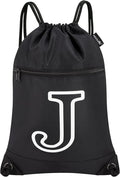 HOLYLUCK Drawstring Bags Initial Backpack Sackpack Cinch Bags for Sports, Gym, Travel, Beach (Black-J)