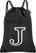 HOLYLUCK Drawstring Bags Initial Backpack Sackpack Cinch Bags for Sports, Gym, Travel, Beach (Black-J)