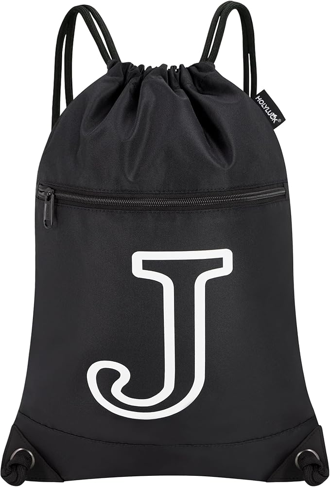 HOLYLUCK Drawstring Bags Initial Backpack Sackpack Cinch Bags for Sports, Gym, Travel, Beach (Black-J)